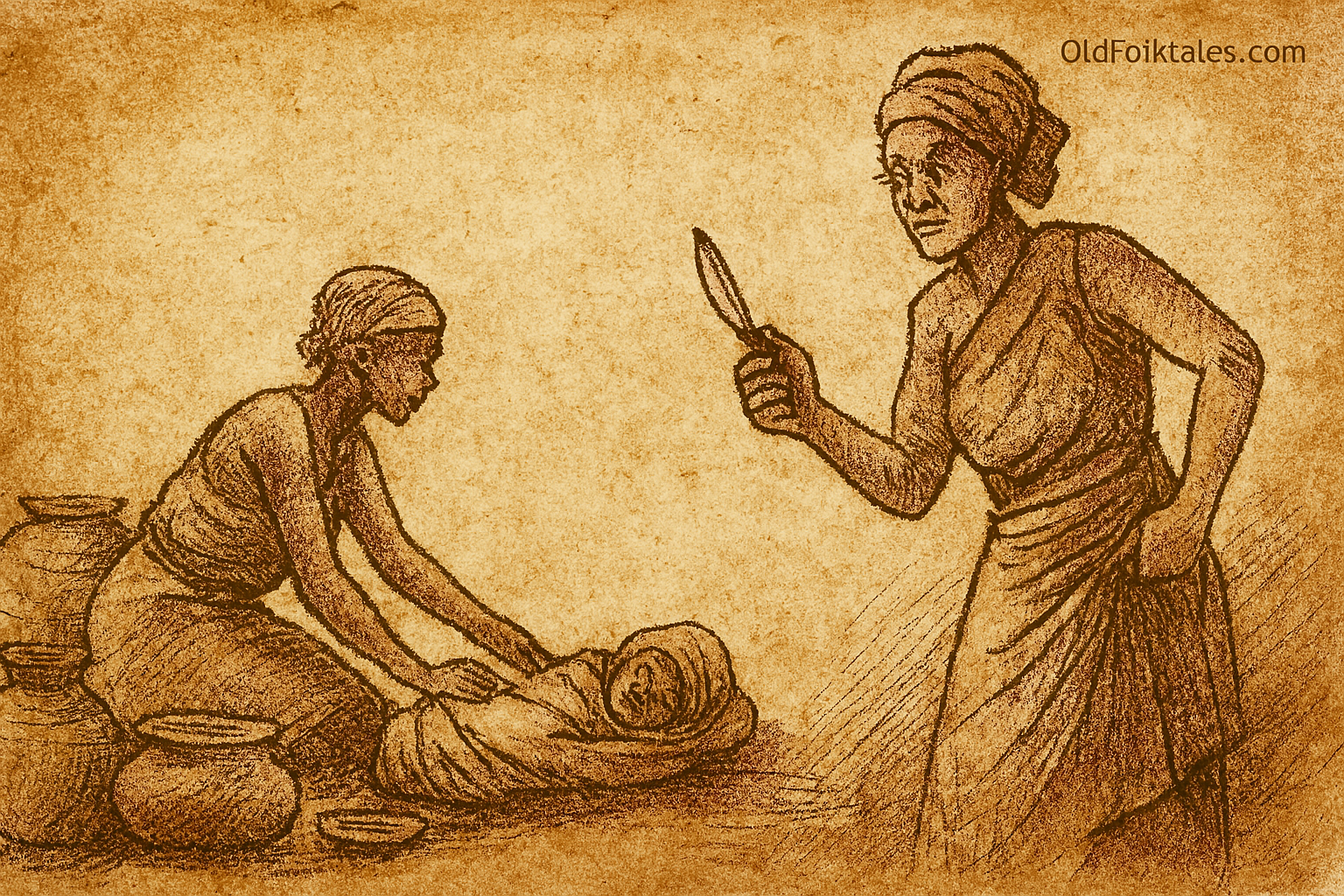 The Murder by Mistake | FolktalesAfrica.com  Parchment-style illustration of African elder wife holding razor while co-wife kneels beside sleeping child near cooking pots.