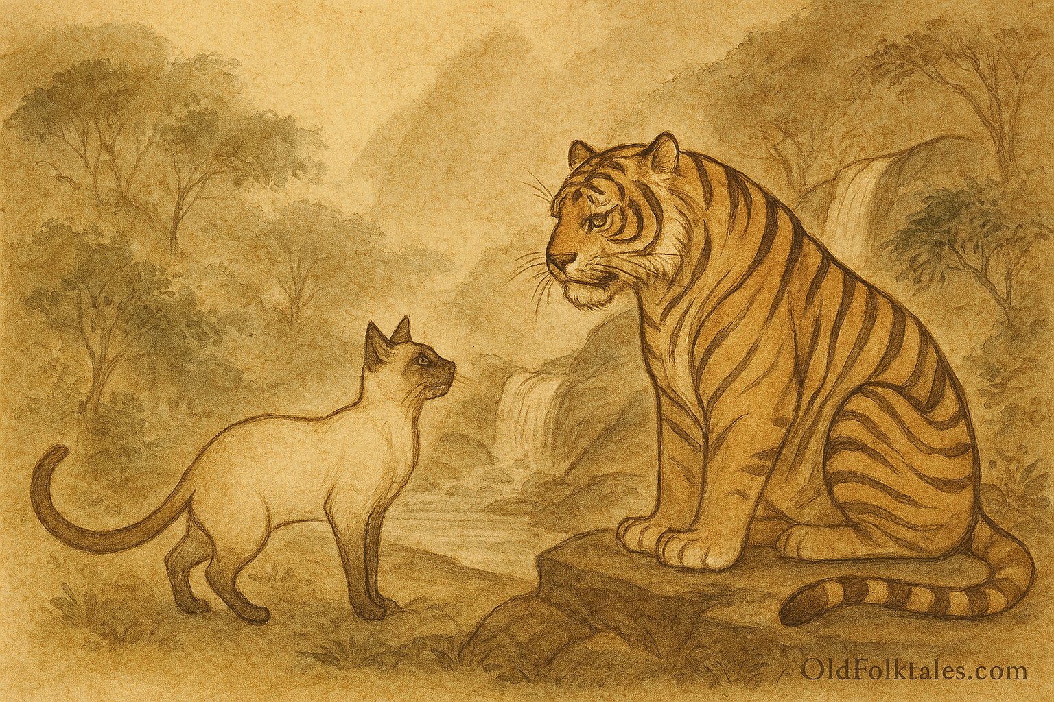 The Malay Tiger and the Siamese Cat | FolktalesAfrica.com  Parchment-style illustration of Malaysian tiger and Siamese cat facing each other beside jungle waterfall.
