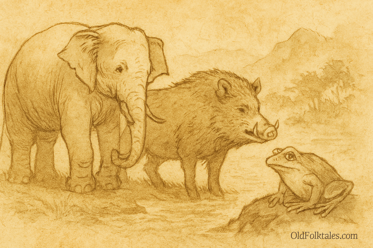 The Elephant, Pig, and Frog | FolktalesAfrica.com  Parchment-style illustration of Malaysian elephant, wild boar, and frog preparing to cross Johor straits.