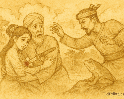 Parchment-style illustration of Radin Mas shielding father from kris attack in traditional Singaporean folktale.