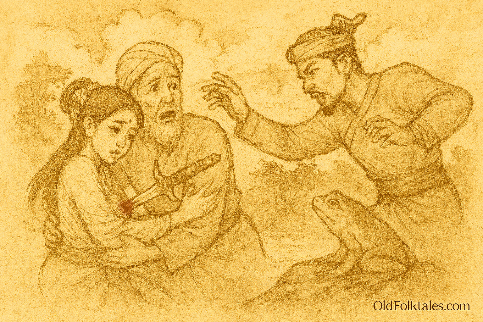 The Golden Princess | FolktalesAfrica.com  Parchment-style illustration of Radin Mas shielding father from kris attack in traditional Singaporean folktale.
