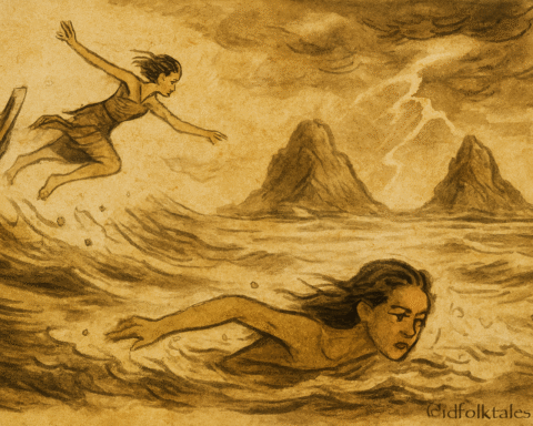 Parchment-style illustration of Singaporean Minah swimming through stormy sea toward the rising islands.