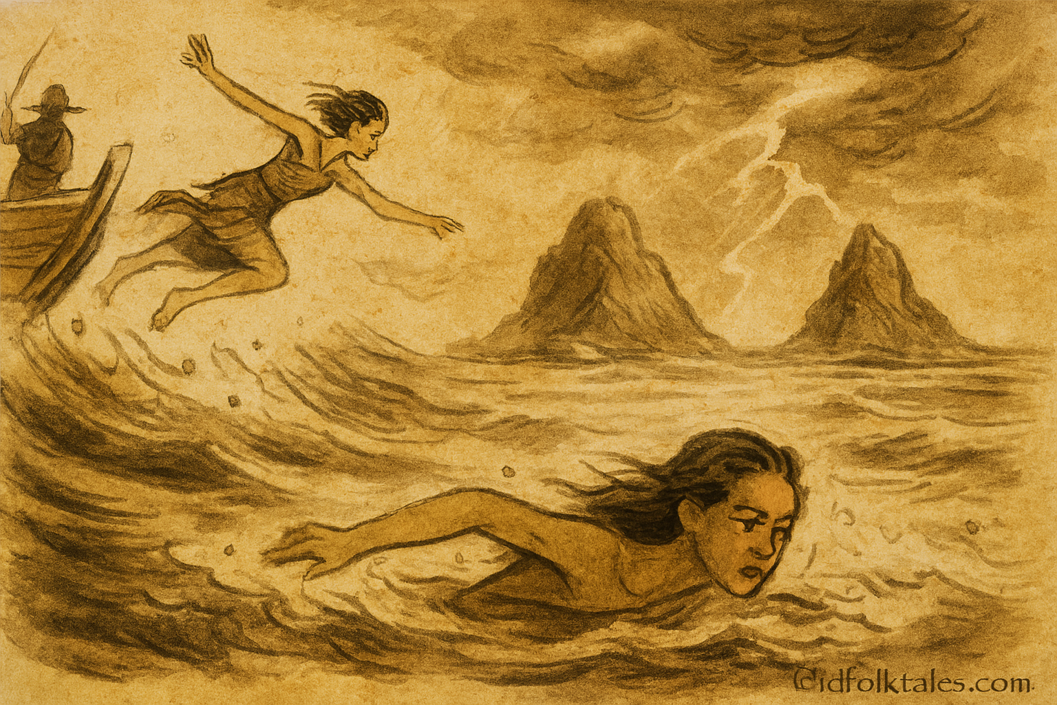 The Sisters' Islands | FolktalesAfrica.com  Parchment-style illustration of Singaporean Minah swimming through stormy sea toward the rising islands.