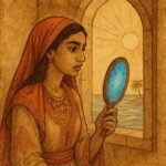 Tunisian girl gazing into a glowing blue mirror by the sea in Sidi Bou Said, showing truth and inner beauty