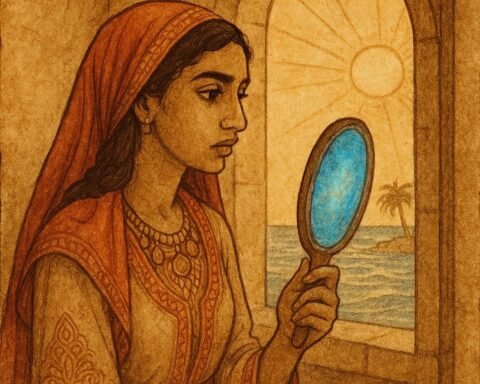 Tunisian girl gazing into a glowing blue mirror by the sea in Sidi Bou Said, showing truth and inner beauty