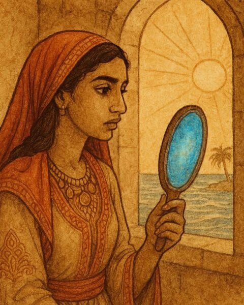 Tunisian girl gazing into a glowing blue mirror by the sea in Sidi Bou Said, showing truth and inner beauty