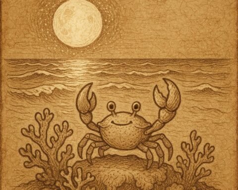a clever crab on a coral reef under a bright full moon, with shimmering waves and soft reflections symbolising the mythical race that created the tides