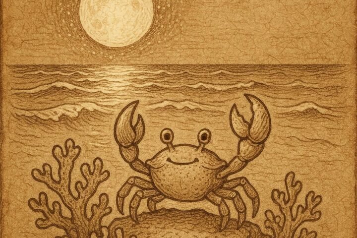 a clever crab on a coral reef under a bright full moon, with shimmering waves and soft reflections symbolising the mythical race that created the tides