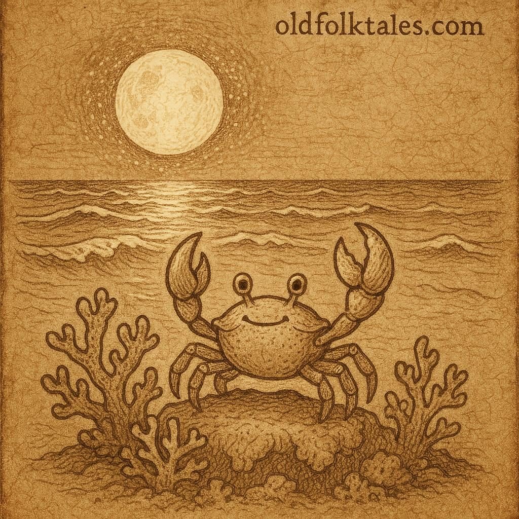 a clever crab on a coral reef under a bright full moon, with shimmering waves and soft reflections symbolising the mythical race that created the tides
