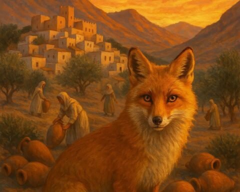 Clever Tunisian fox watching villagers reclaim olive jars under El Kef Mountain