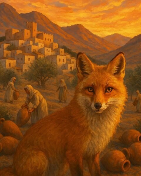 Clever Tunisian fox watching villagers reclaim olive jars under El Kef Mountain