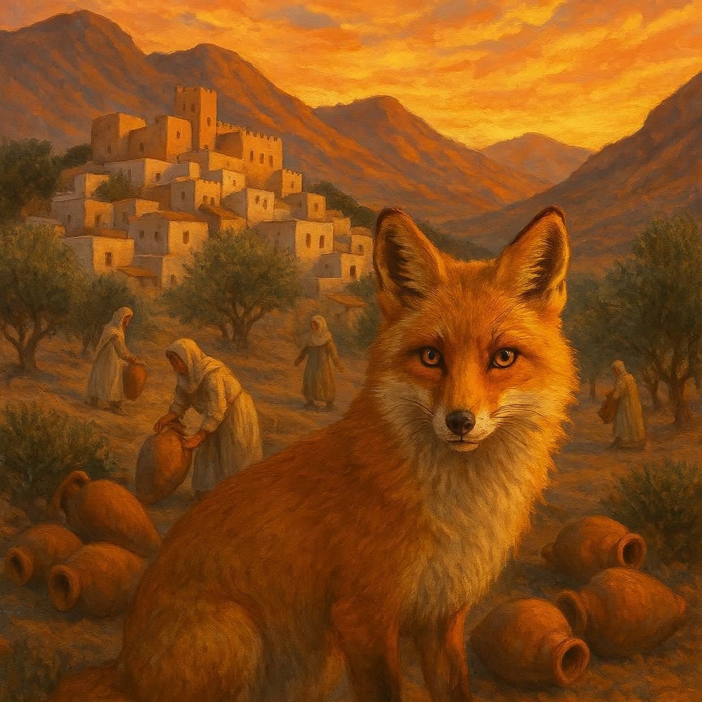 Clever Tunisian fox watching villagers reclaim olive jars under El Kef Mountain