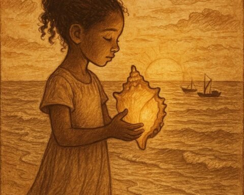 a young Seychellois girl holding a glowing conch shell by the ocean at sunset, with soft waves and distant fishing boats symbolising the voices of remembered sailors