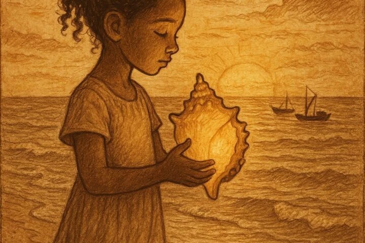 a young Seychellois girl holding a glowing conch shell by the ocean at sunset, with soft waves and distant fishing boats symbolising the voices of remembered sailors