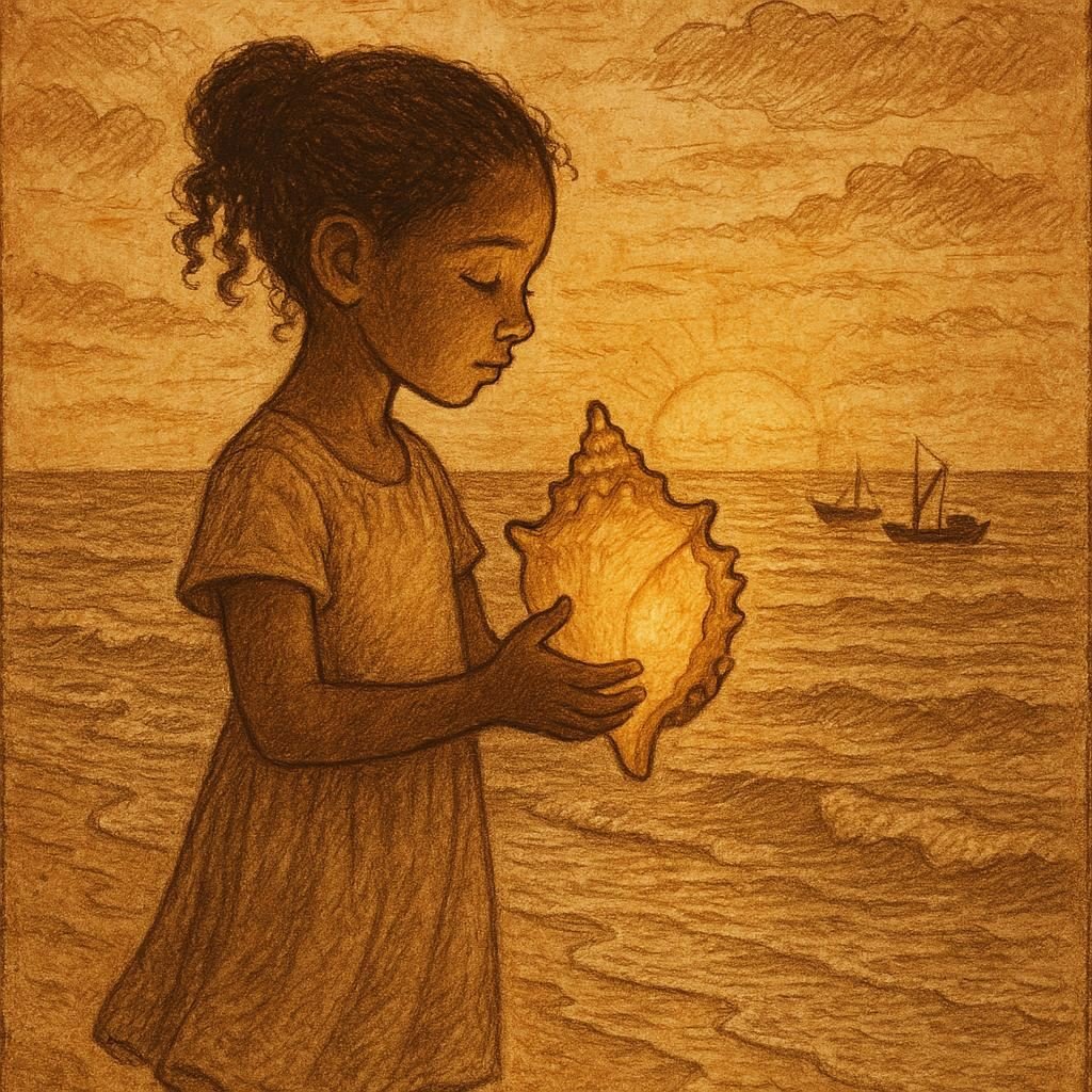 a young Seychellois girl holding a glowing conch shell by the ocean at sunset, with soft waves and distant fishing boats symbolising the voices of remembered sailors