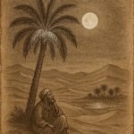 a Tunisian farmer sitting beneath a glowing date palm under a full moon in the Tozeur Oasis