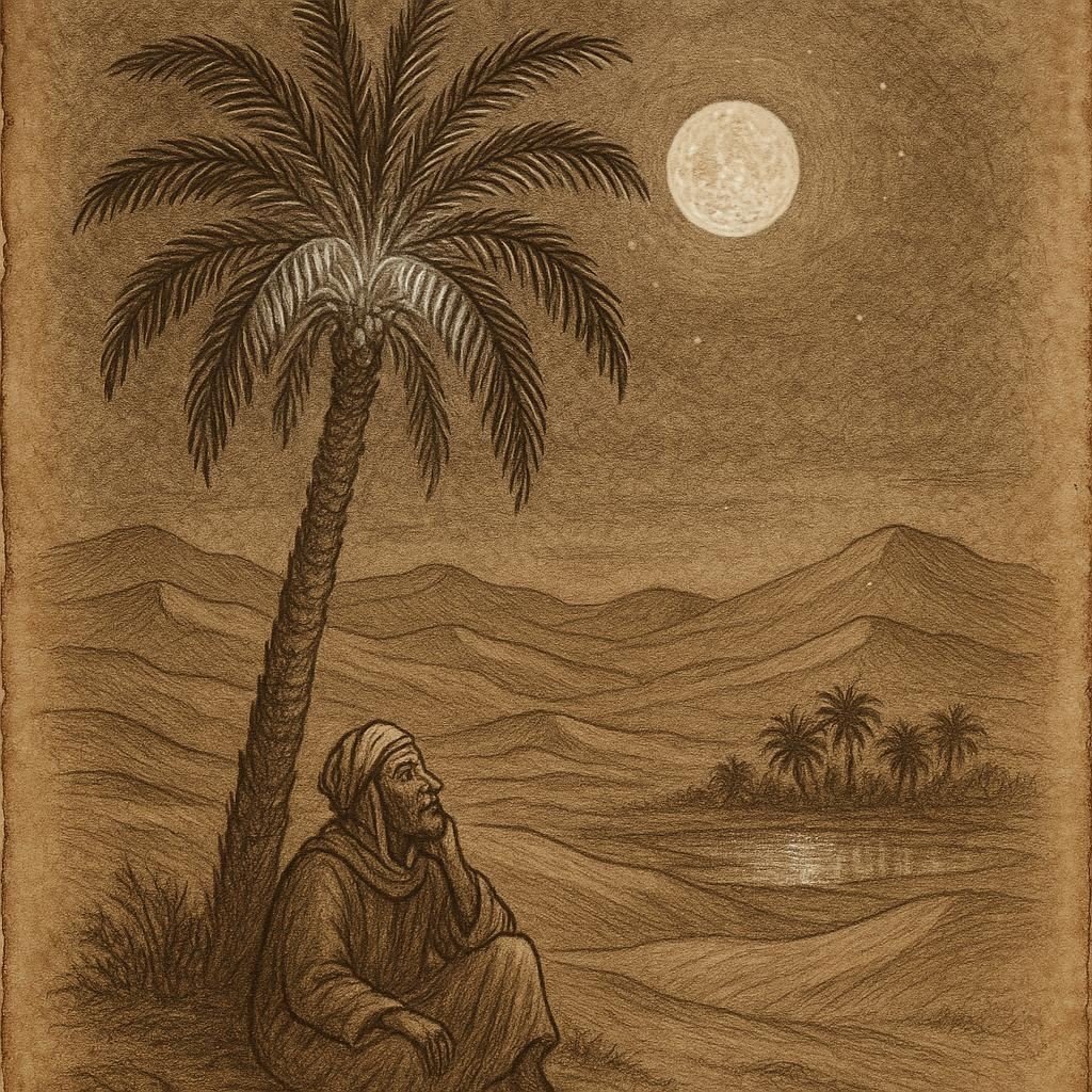 a Tunisian farmer sitting beneath a glowing date palm under a full moon in the Tozeur Oasis