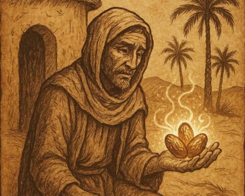 A poor Moroccan man holds three glowing magical dates outside his clay hut