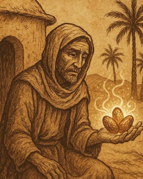 A poor Moroccan man holds three glowing magical dates outside his clay hut