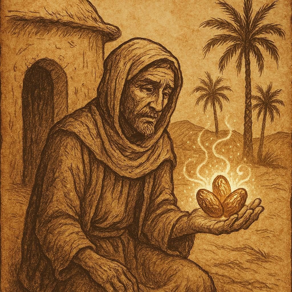 The Three Dates Moroccan Folktale | FolktalesAfrica.com A poor Moroccan man holds three glowing magical dates outside his clay hut