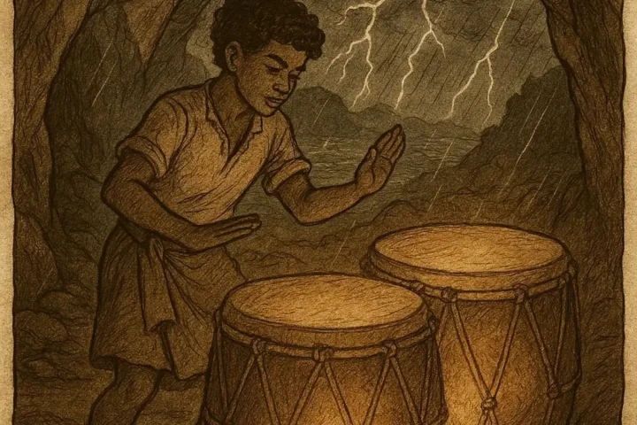 a Seychellois drummer awakening the Flaming Drums inside a glowing cave during a storm, inspired by the folktale “The Flaming Drums of La Digue.