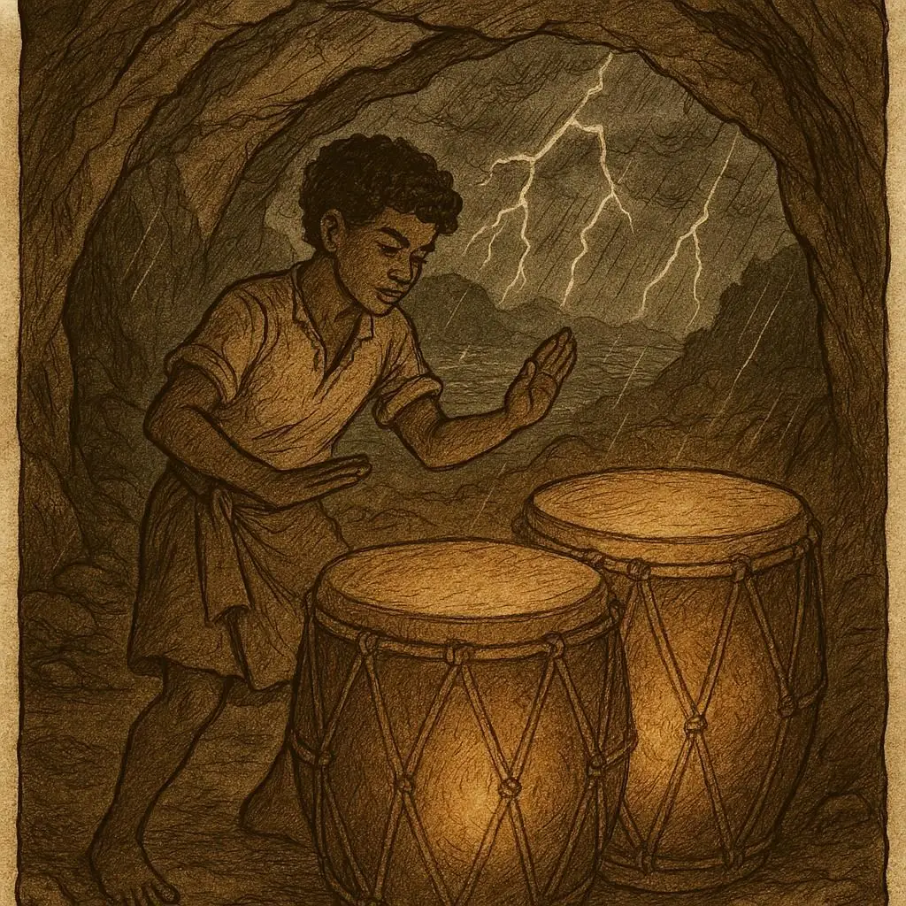 The Flaming Drums of La Digue – Seychellois Legend of Justice | FolktalesAfrica.com a Seychellois drummer awakening the Flaming Drums inside a glowing cave during a storm, inspired by the folktale “The Flaming Drums of La Digue.