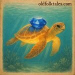 An ancient sea turtle glides through clear Seychelles waters with a glowing sapphire on its shell, symbolizing peace and balance in the ocean.