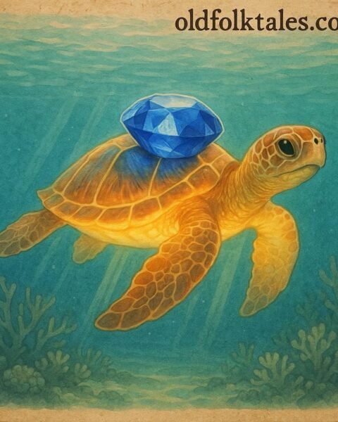 An ancient sea turtle glides through clear Seychelles waters with a glowing sapphire on its shell, symbolizing peace and balance in the ocean.