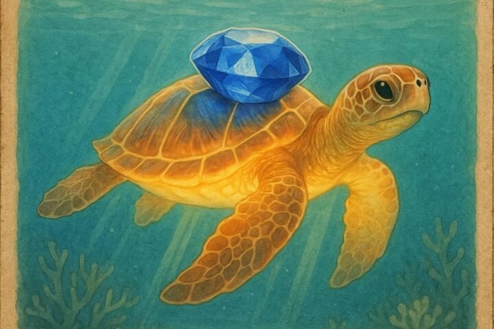 An ancient sea turtle glides through clear Seychelles waters with a glowing sapphire on its shell, symbolizing peace and balance in the ocean.