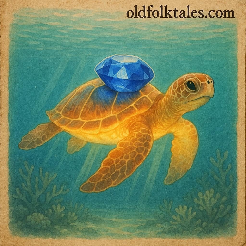 An ancient sea turtle glides through clear Seychelles waters with a glowing sapphire on its shell, symbolizing peace and balance in the ocean.