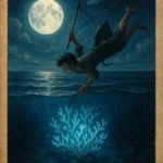 A young fisherman dives into a glowing reef under the moonlight as soft blue light shimmers through the clear Seychellois water.