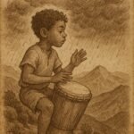 A young Seychellois boy beats a drum on a mountain ridge as the first raindrops fall after a long drought, inspired by the folktale The Drummer Who Summoned Rain.