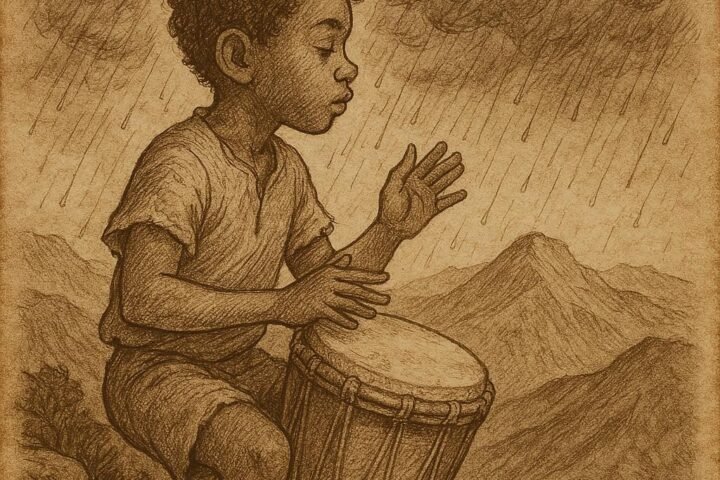 A young Seychellois boy beats a drum on a mountain ridge as the first raindrops fall after a long drought, inspired by the folktale The Drummer Who Summoned Rain.