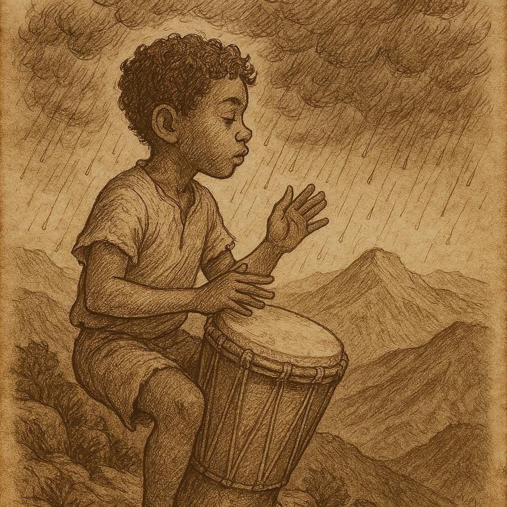 The Drummer Who Summoned Rain – Seychellois Folktale | FolktalesAfrica.com A young Seychellois boy beats a drum on a mountain ridge as the first raindrops fall after a long drought, inspired by the folktale The Drummer Who Summoned Rain.