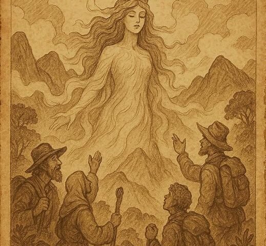 the Mist Queen appearing above the Seychelles mountains as travellers watch in awe