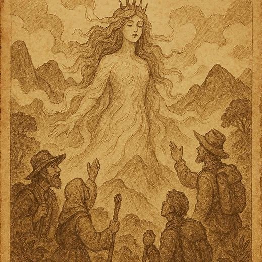 The Queen of the Mist – Seychelles Folktale | FolktalesAfrica.com the Mist Queen appearing above the Seychelles mountains as travellers watch in awe