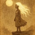 a glowing girl from Mahé Island raising her arms beneath the full moon as rain falls, symbolising her sacrifice to save her people