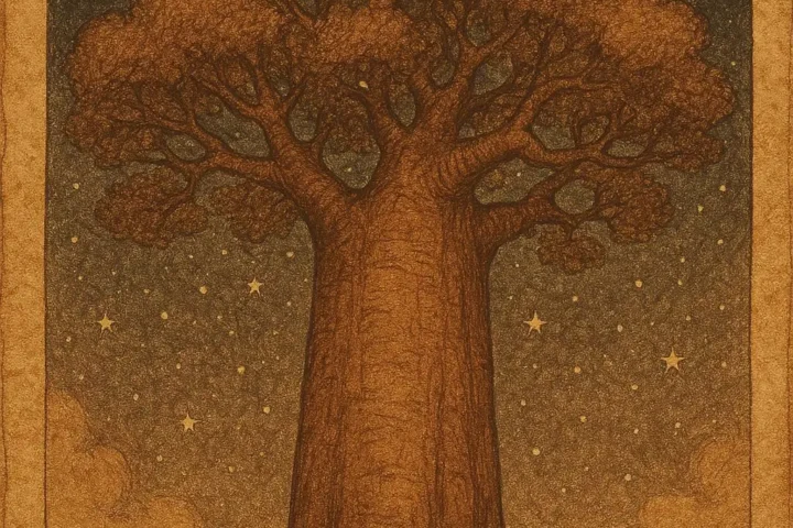 a young boy standing beneath a giant baobab tree under a starry night sky