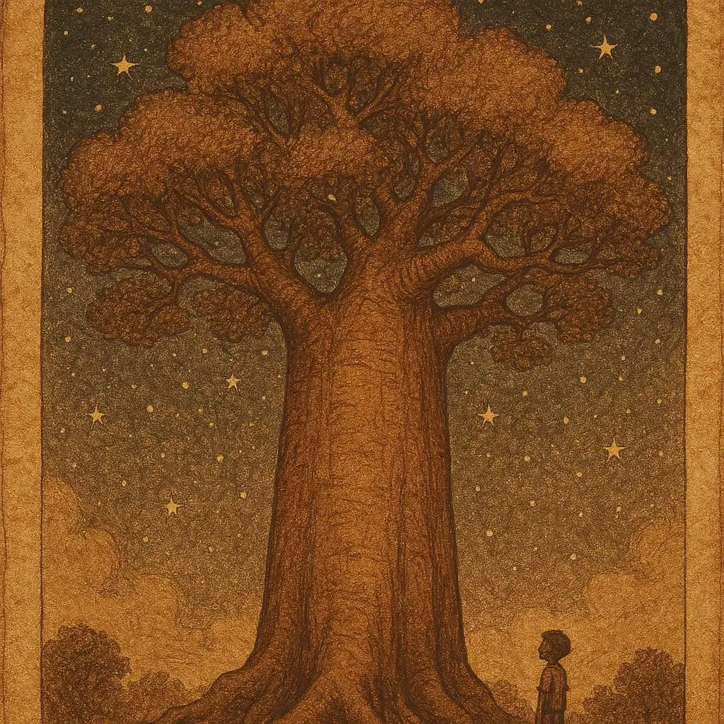 a young boy standing beneath a giant baobab tree under a starry night sky