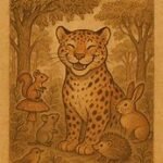 a smiling leopard standing among forest animals under soft sunlight