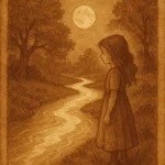 a young girl by a glowing river under a moonlit sky