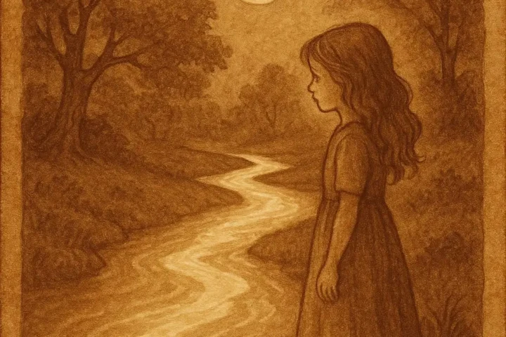 a young girl by a glowing river under a moonlit sky