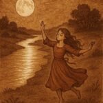 a young girl dancing by a glowing river under a full moon, her reflection shining in the water