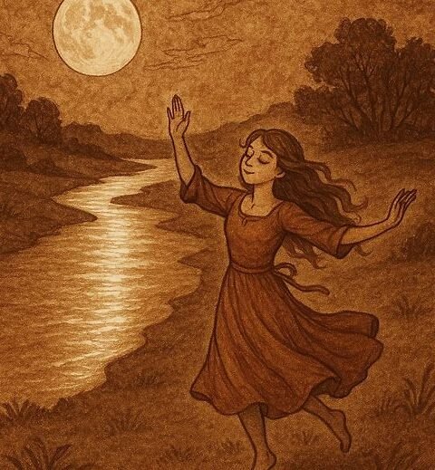 a young girl dancing by a glowing river under a full moon, her reflection shining in the water