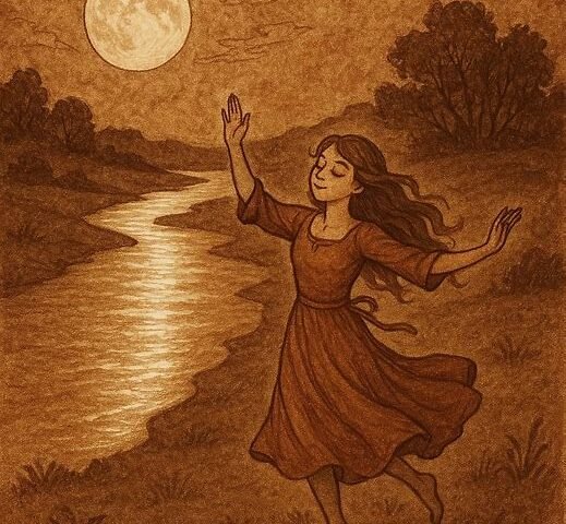 a young girl dancing by a glowing river under a full moon, her reflection shining in the water