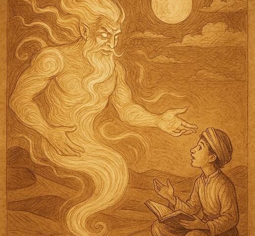 a glowing djinn made of wind and light talking with a young storyteller beneath a full moon beside desert dunes