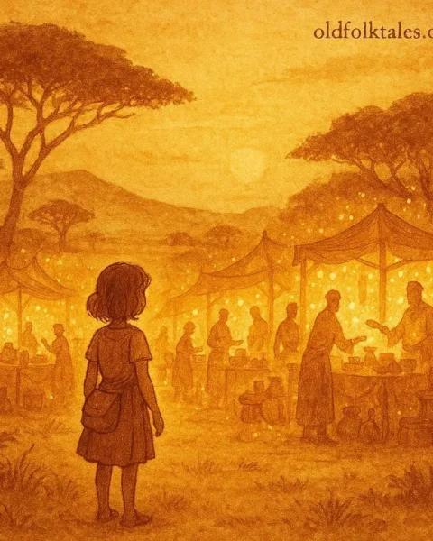 a young girl gazing at a glowing magical market in the savannah beneath a golden sky, with luminous traders and stalls