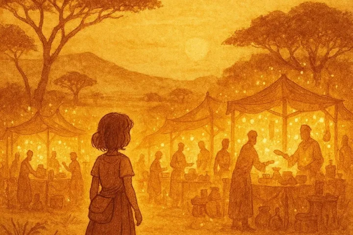 a young girl gazing at a glowing magical market in the savannah beneath a golden sky, with luminous traders and stalls