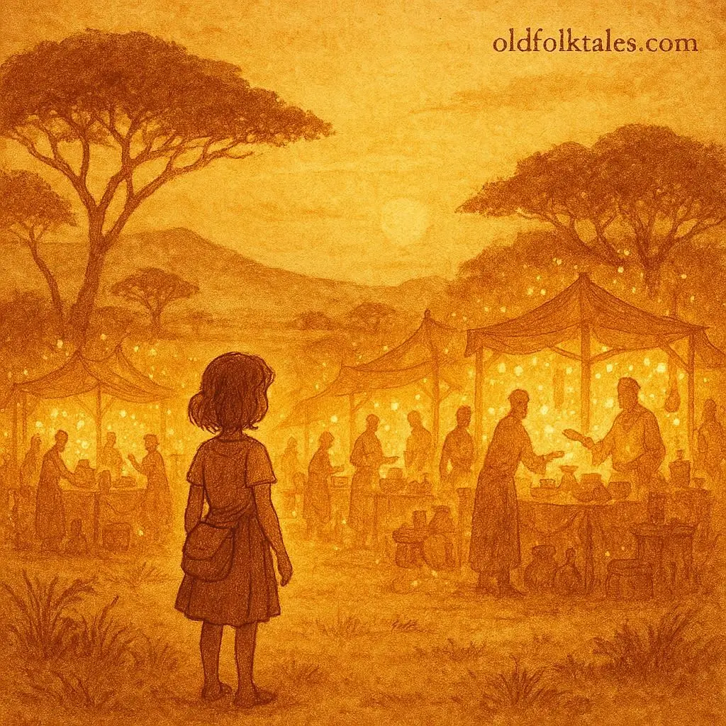 The Market That Appeared Only Once a Century – Serer Folktale | FolktalesAfrica.com a young girl gazing at a glowing magical market in the savannah beneath a golden sky, with luminous traders and stalls