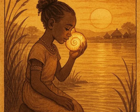 The Shell That Carried the Voice of Ancestors – Wolof Folktale | FolktalesAfrica.com  A young Wolof girl kneels beside the Senegal River at sunset, listening to a glowing spiral shell as the water shimmers around her
